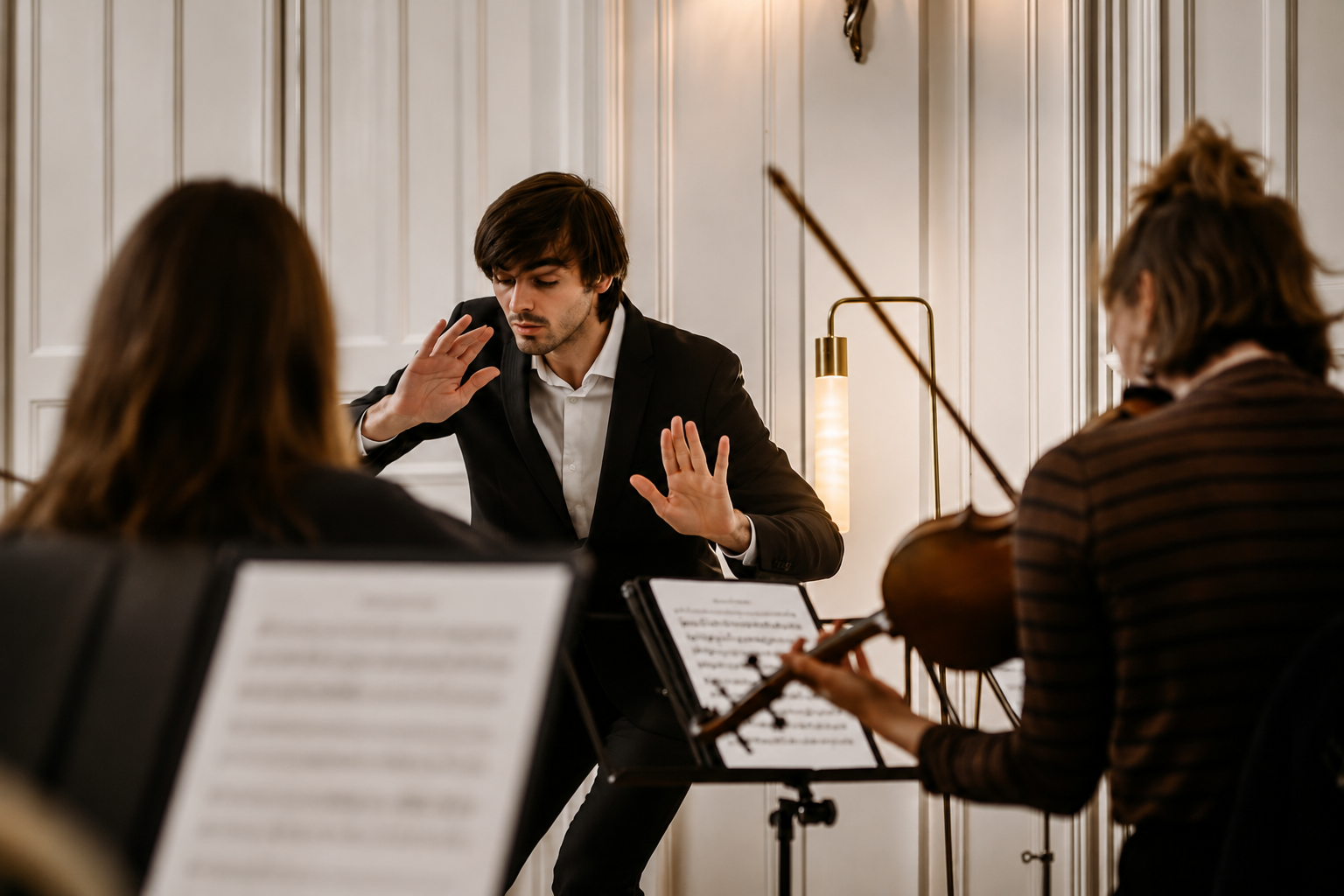 Cours d'interprétation au Conservatoire — un musicien guide deux instrumentistes en répétition